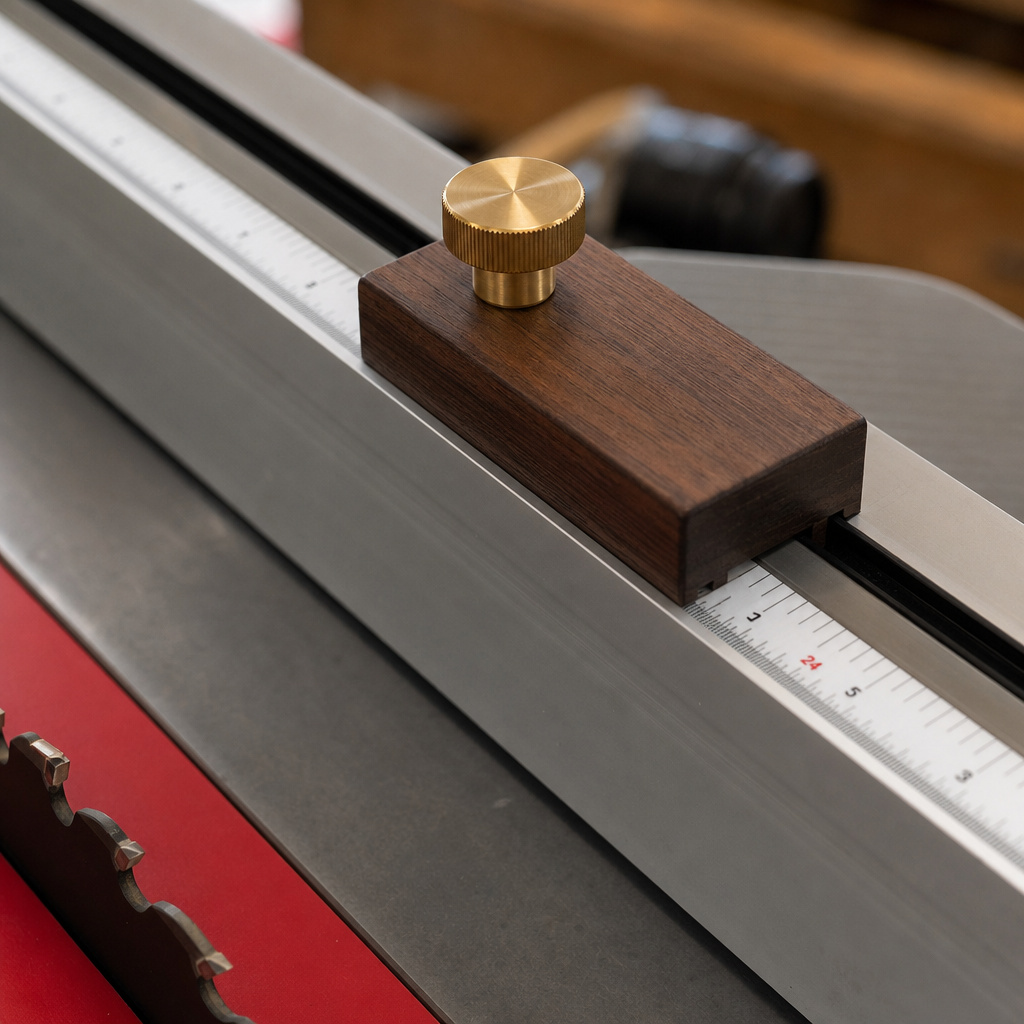 Close-up of adjustable wooden stop block system on table saw fence for precise repeated cuts.