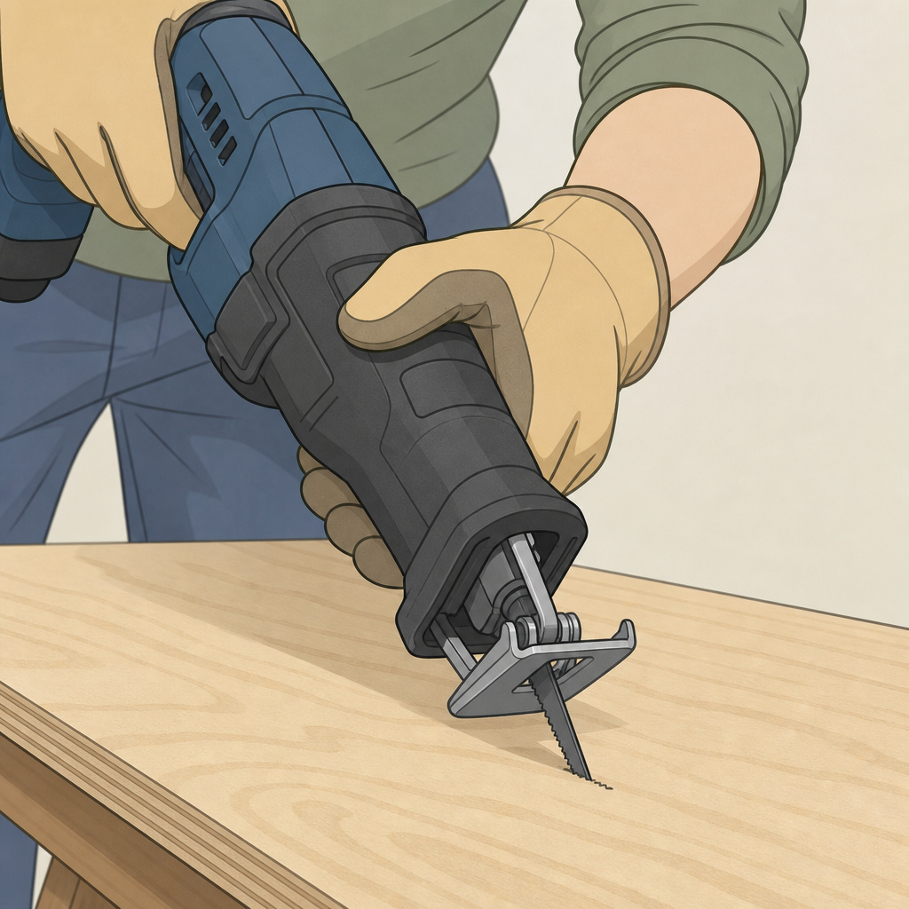 Reciprocating saw plunge cut technique for starting holes in plywood