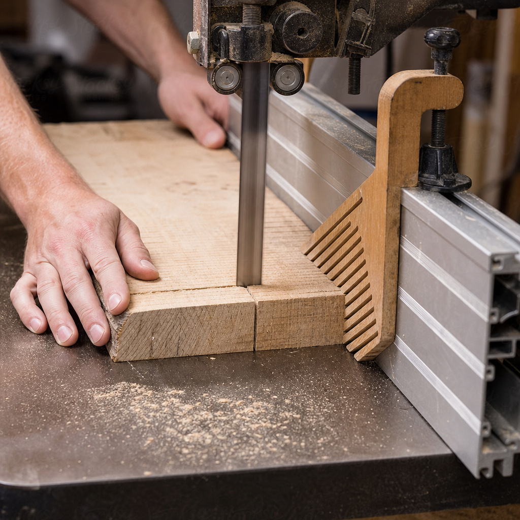 Using a featherboard and fence for resawing on a band saw.