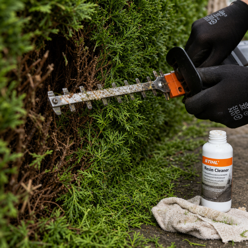 Hedge trimmer cutting green growth on conifer, avoiding brown wood.