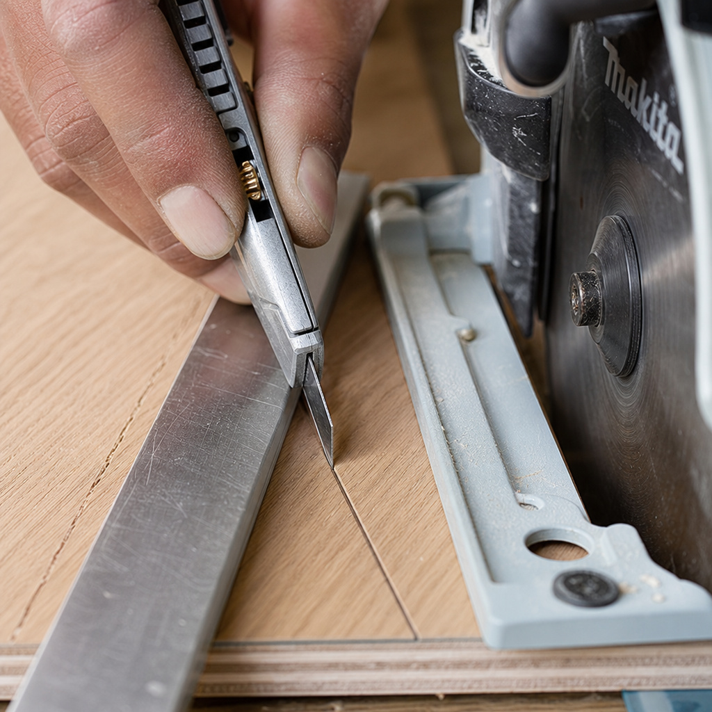 Close-up of scoring plywood with a knife before using a circular saw.