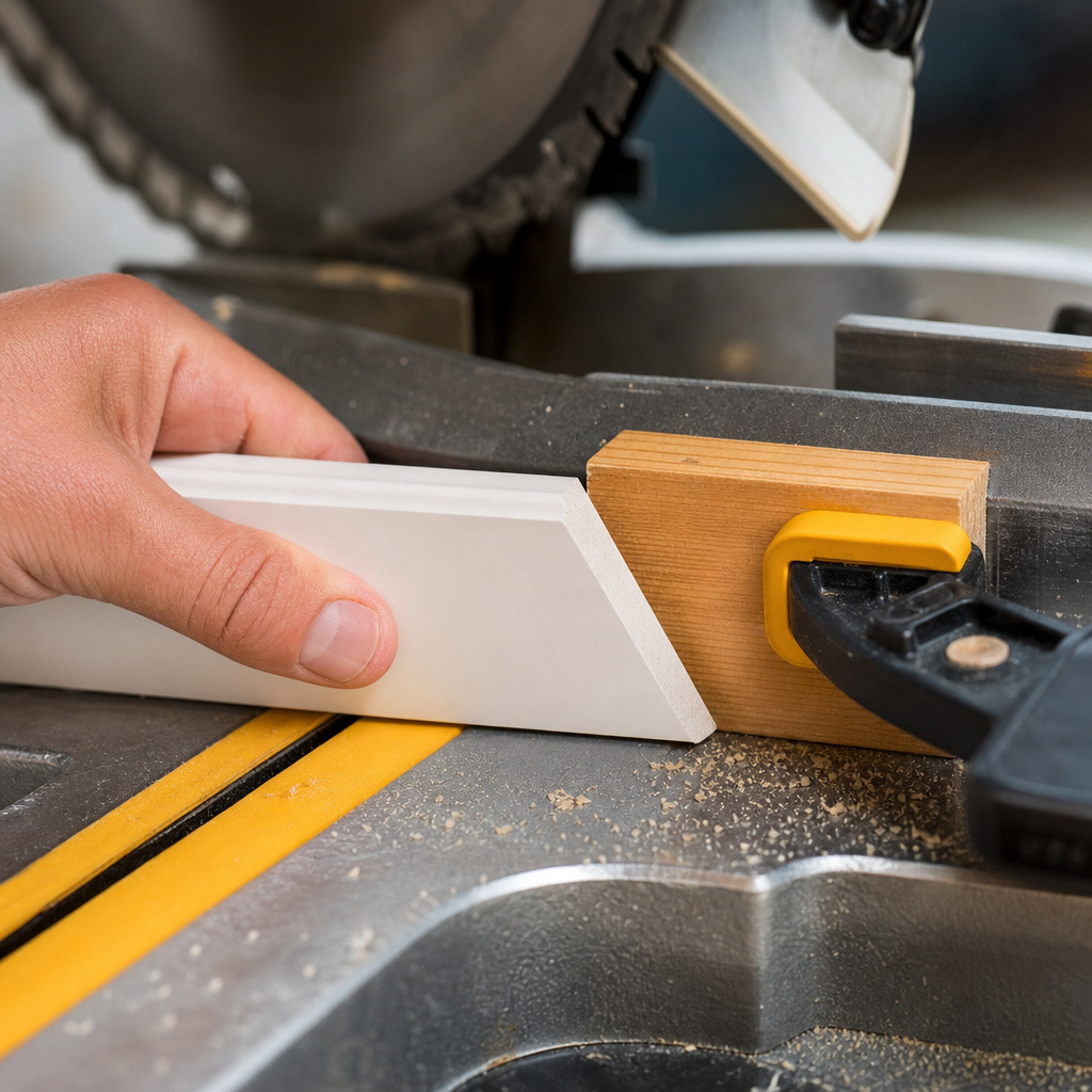Using a stop block on a miter saw to cut identical 45-degree angles for frames.