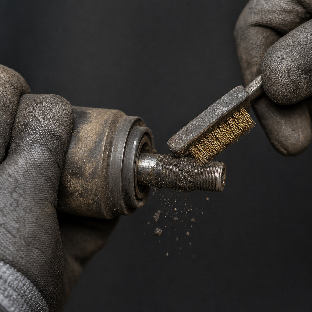 Cleaning tool driveshaft threads with a wire brush after trimmer head removal.