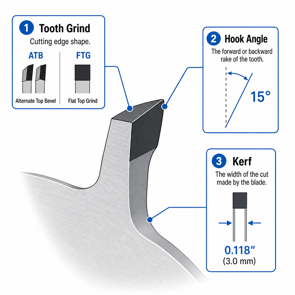 Diagram of saw blade tooth showing tooth grind, hook angle, and kerf width.