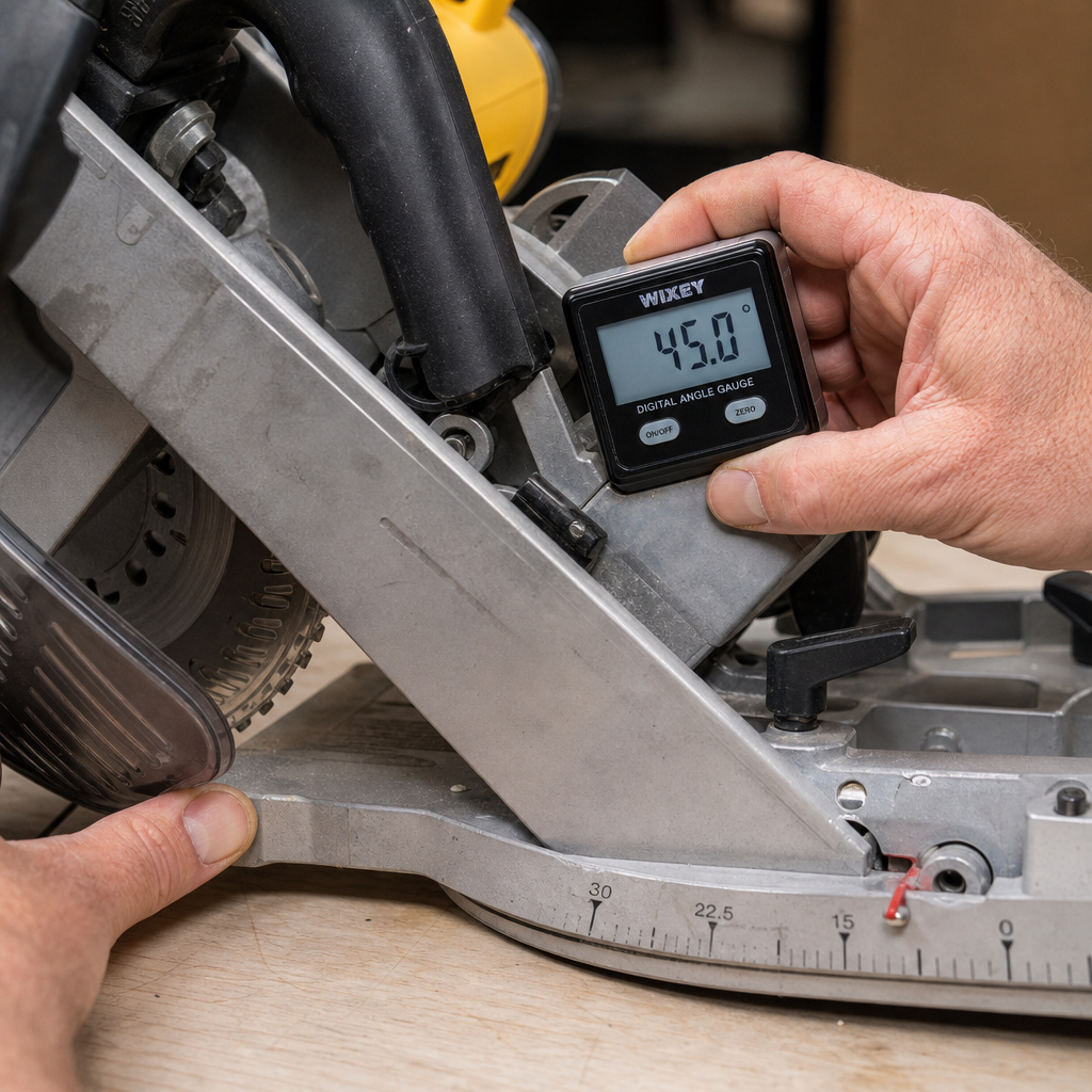 Calibrating a circular saw's bevel angle with a digital angle finder.