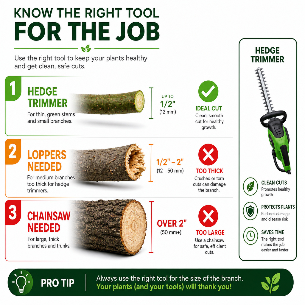 Infographic showing which branch sizes a hedge trimmer can and cannot cut.