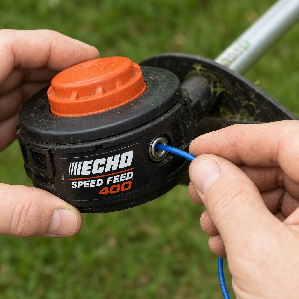 Close-up of feeding line into an aftermarket trimmer head upgrade.