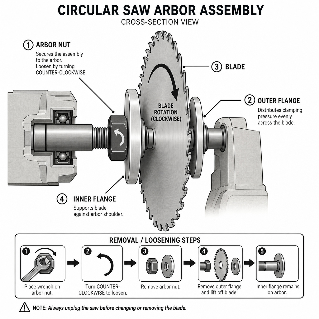 Diagram showing correct circular saw blade mounting direction and arbor nut orientation.