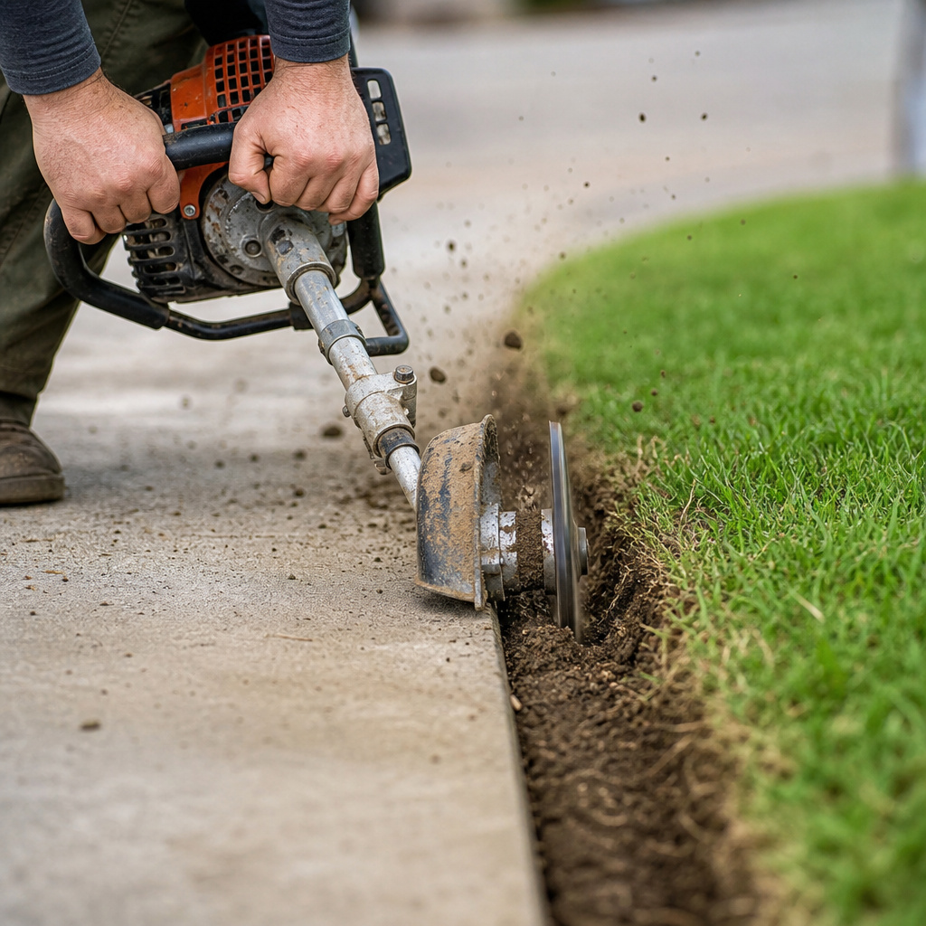 Gas-powered lawn edger creating a sharp border between driveway and grass.