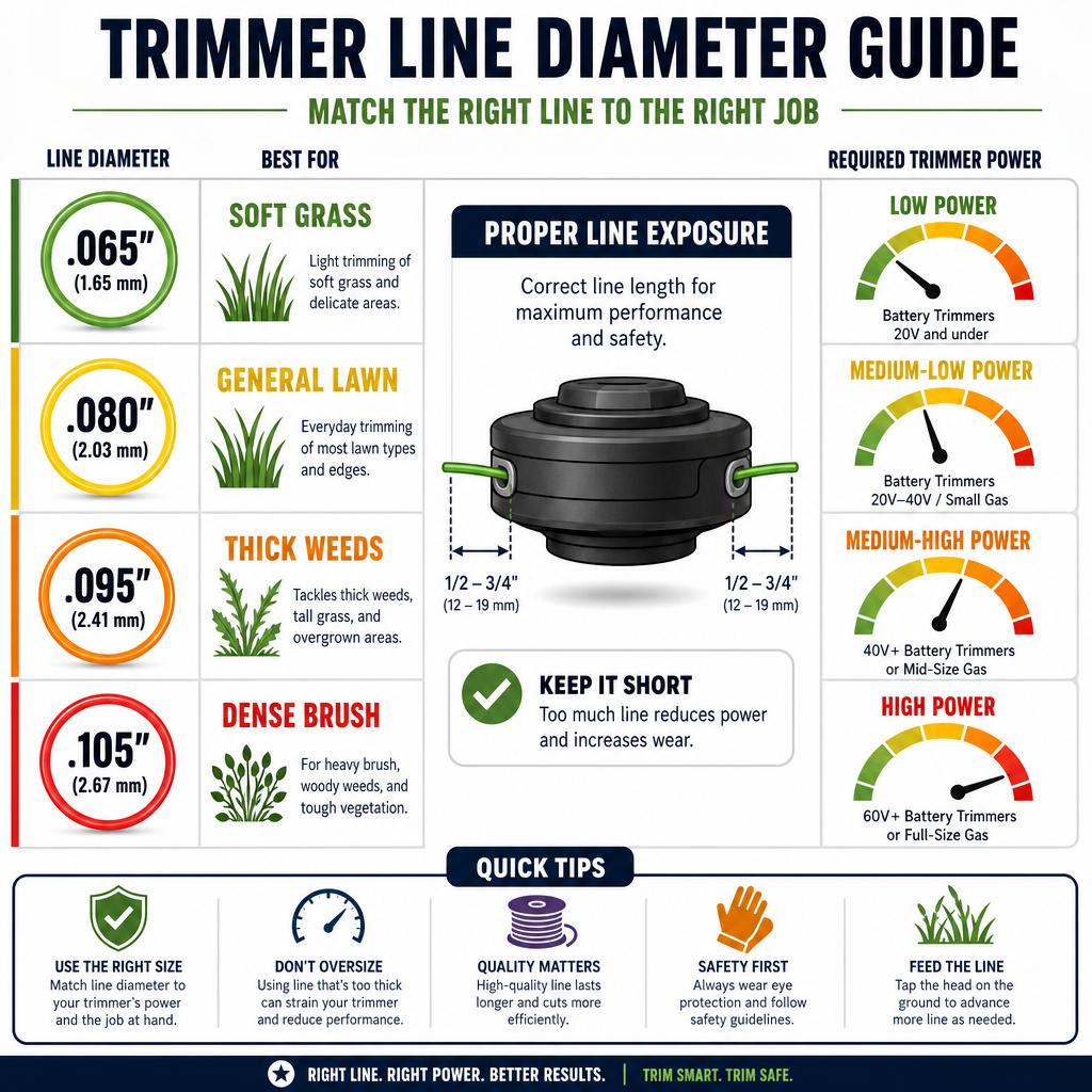 Trimmer line diameter comparison chart for different grass and weed types.