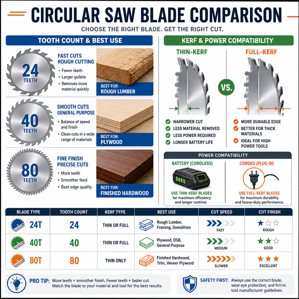 Circular saw blade selection guide comparing tooth count and kerf for different materials.