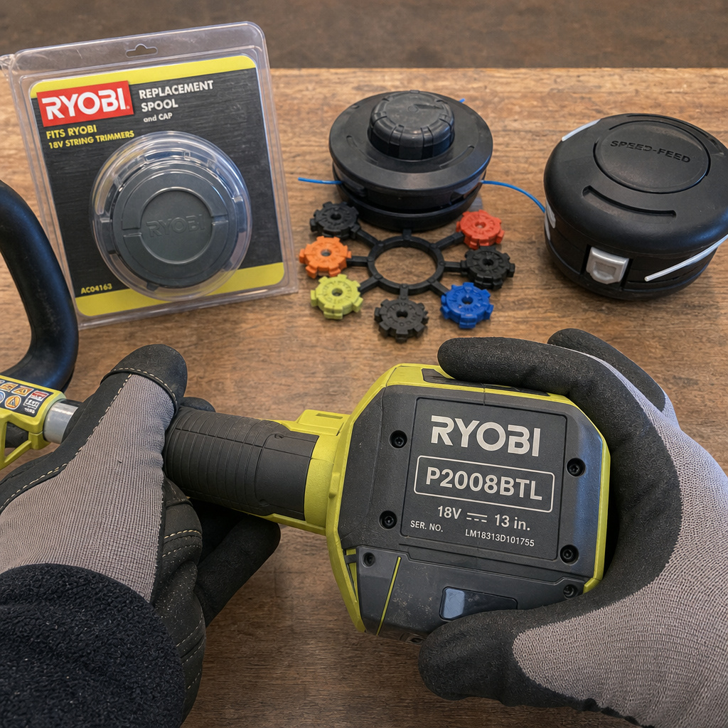 Three types of replacement heads for a Ryobi string trimmer comparison.