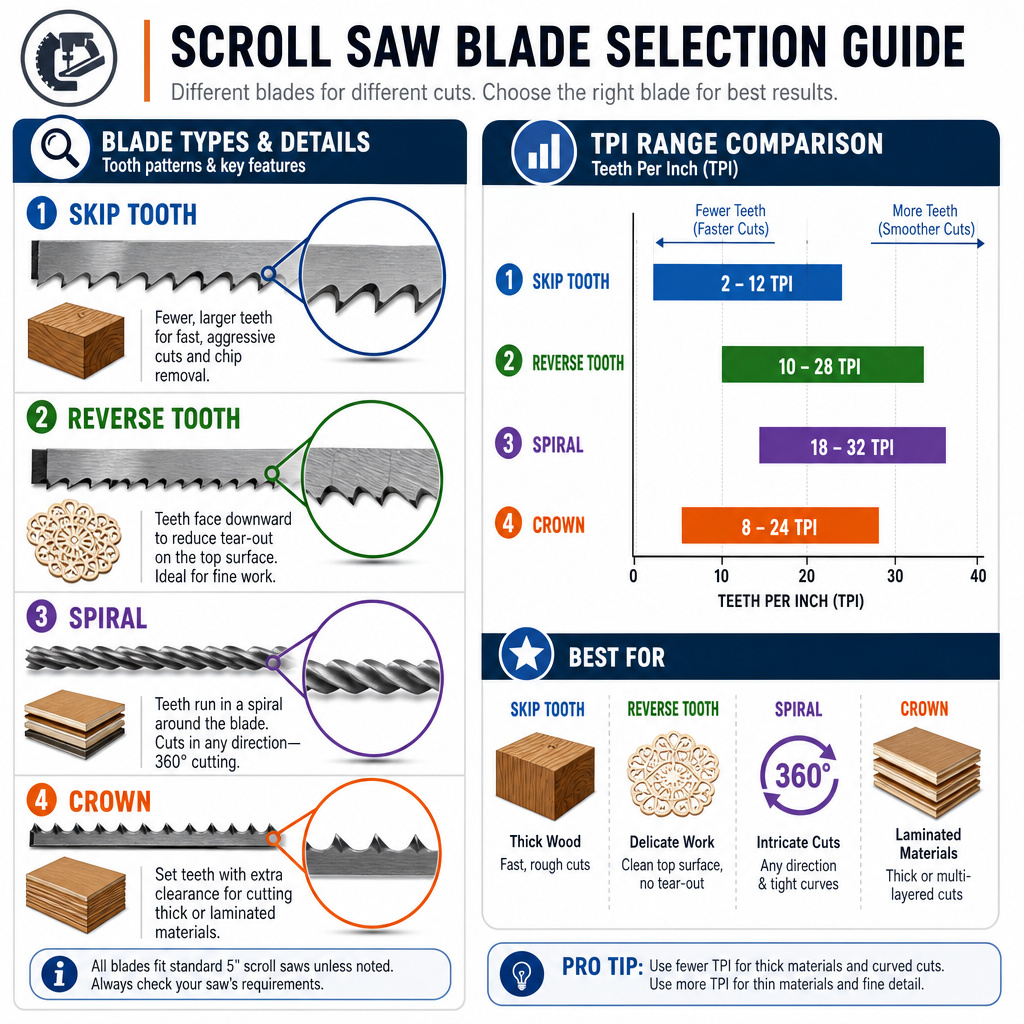 Scroll saw blade types infographic comparing tooth patterns, TPI, and recommended uses.