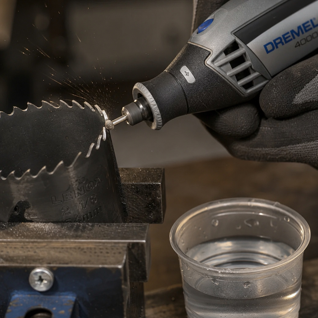 Sharpening a carbide-tipped hole saw with a Dremel tool and water cooling