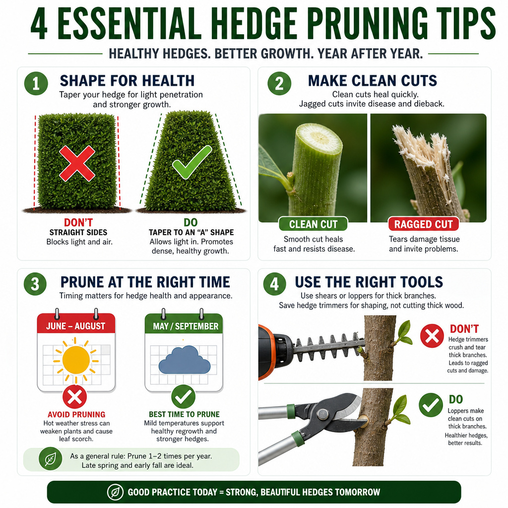 Common hedge trimmer mistakes infographic: shape, dull blades, timing, and forcing cuts.