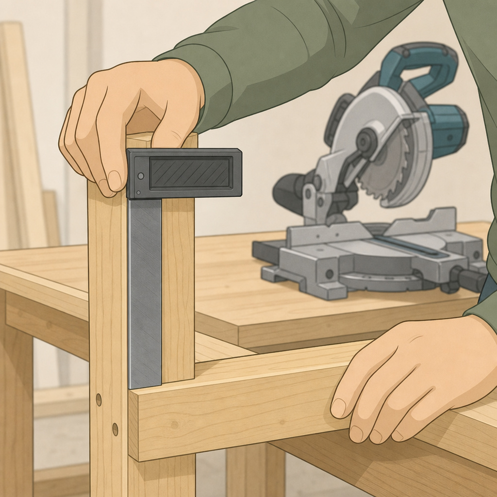 Checking a chop saw table frame for square with a carpenter's square