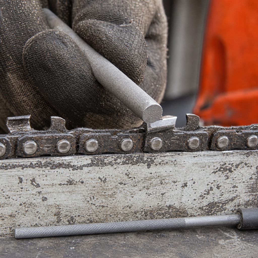 Using the wrong file size to sharpen a chainsaw chain, a common mistake.