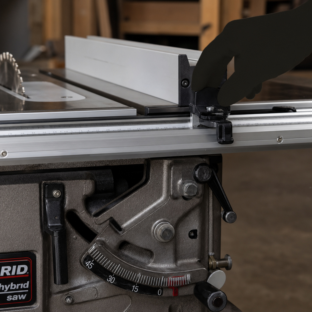 Hybrid table saw cabinet trunnions and fence close-up for workshop use.