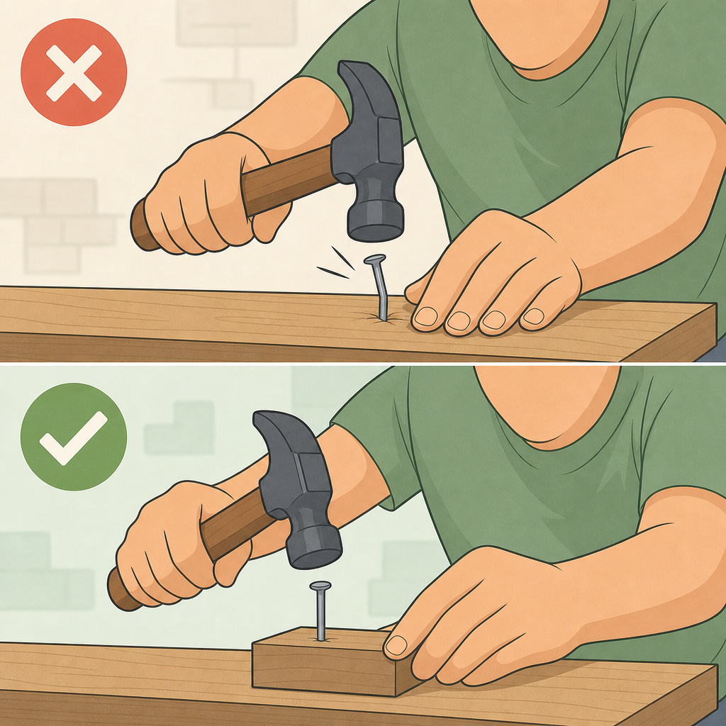 ** Close-up of hands using a notched push stick on a table saw, applying downward pressure.