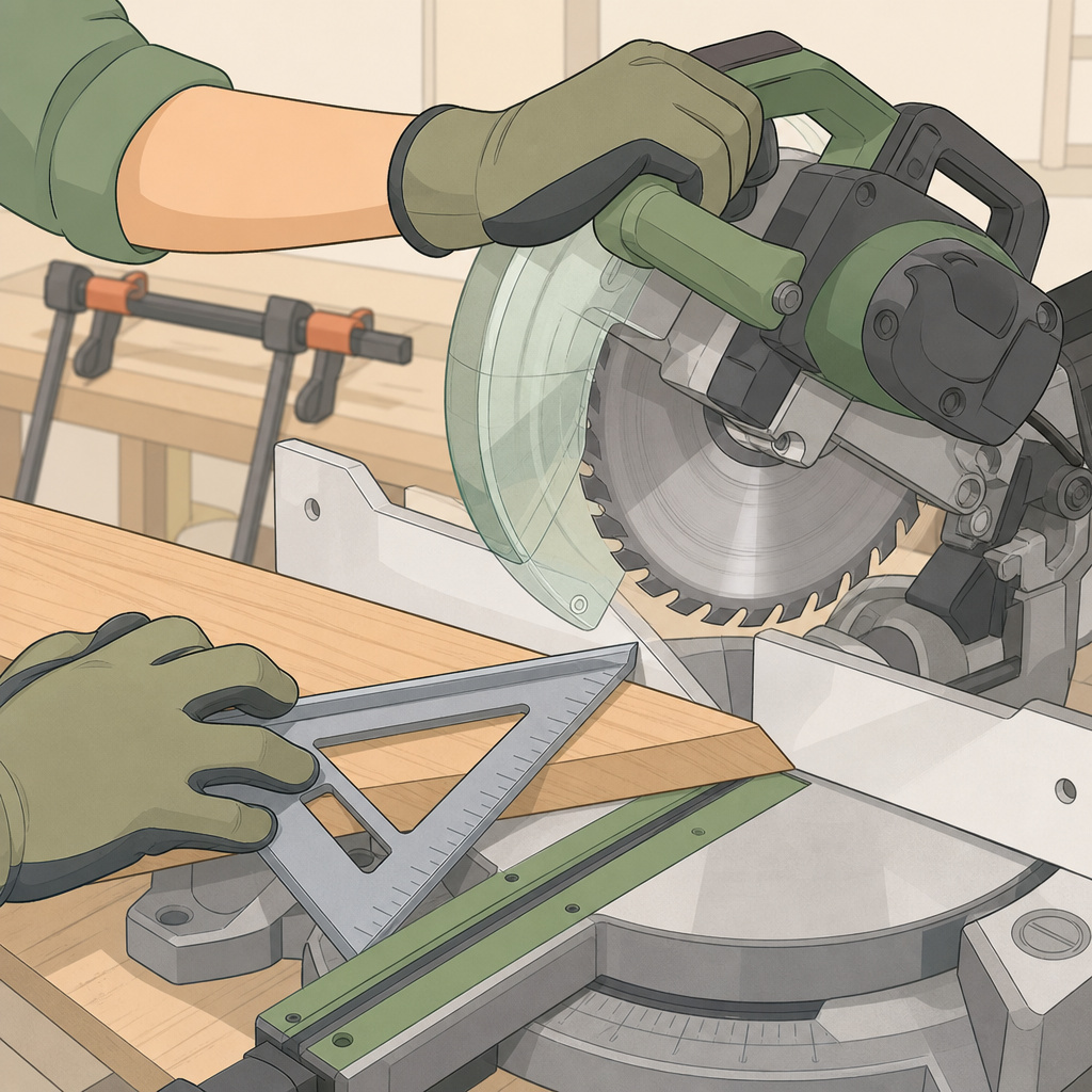 ** Person cutting a 45-degree angle on a miter saw with a speed square for accurate woodworking.