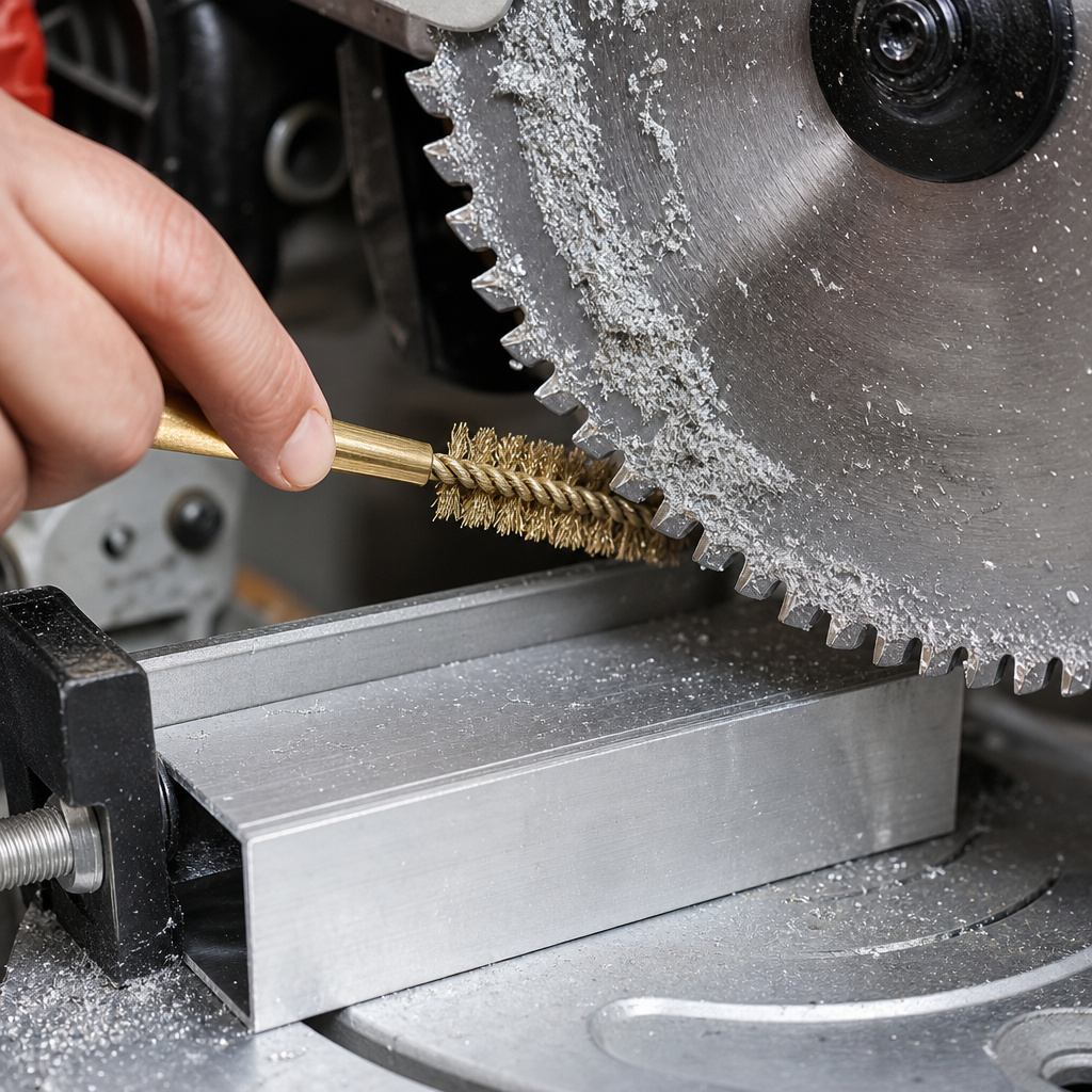 Cleaning gummed aluminum chips from a miter saw blade with a brass brush.