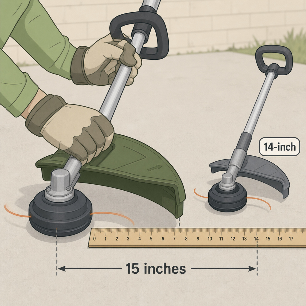Measuring string trimmer swath width with a ruler on the ground
