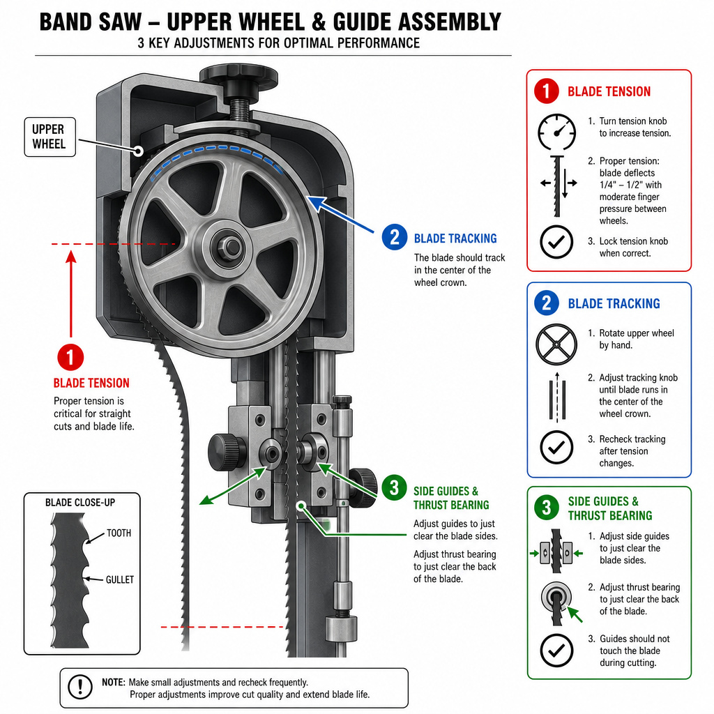 Band saw setup diagram showing blade tension, tracking, and guide adjustments.