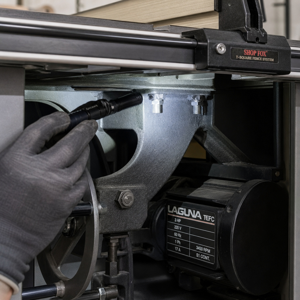 Close-up inspection of hybrid table saw trunnion mounting and TEFC motor.