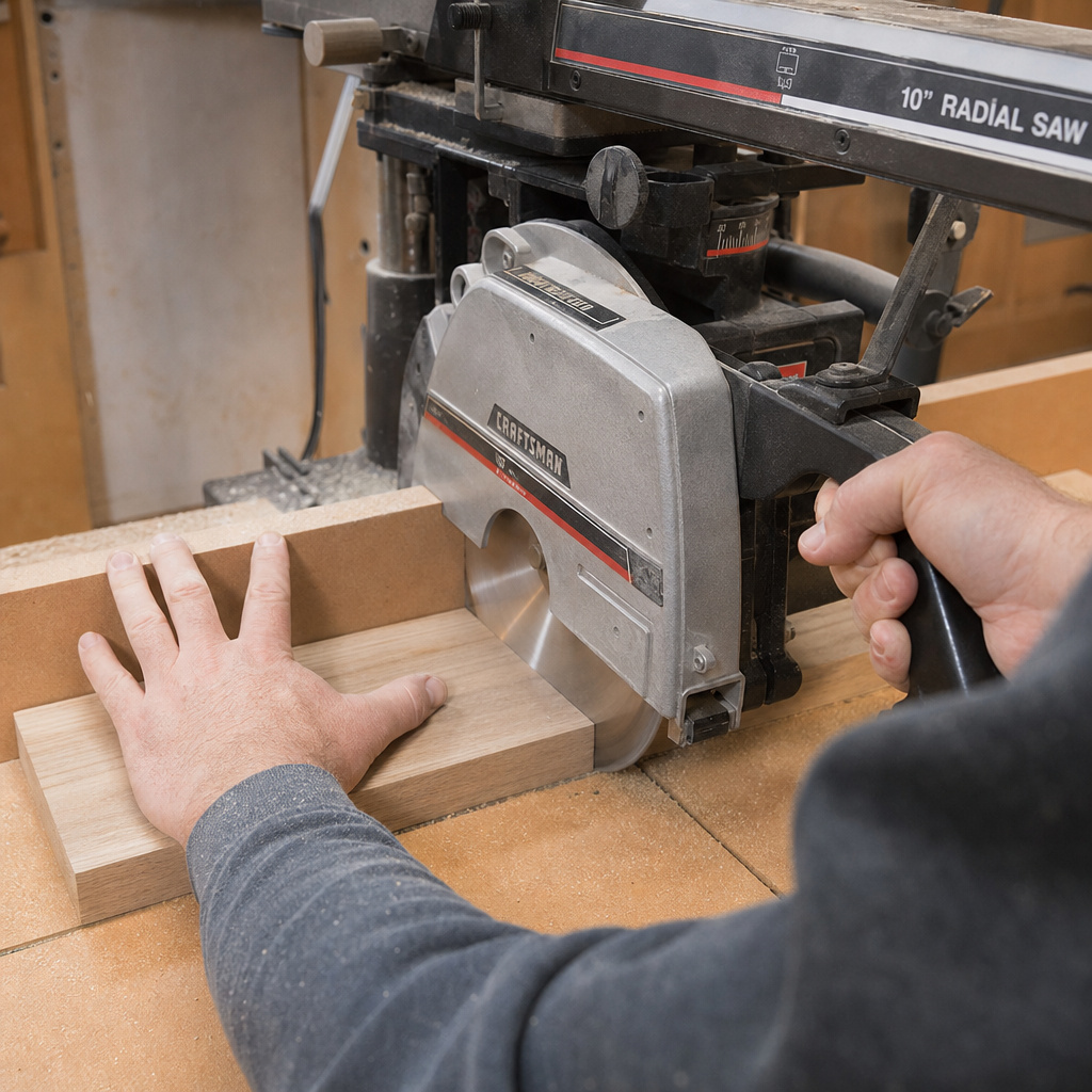 Close-up of proper two-handed control technique for a radial arm saw crosscut.