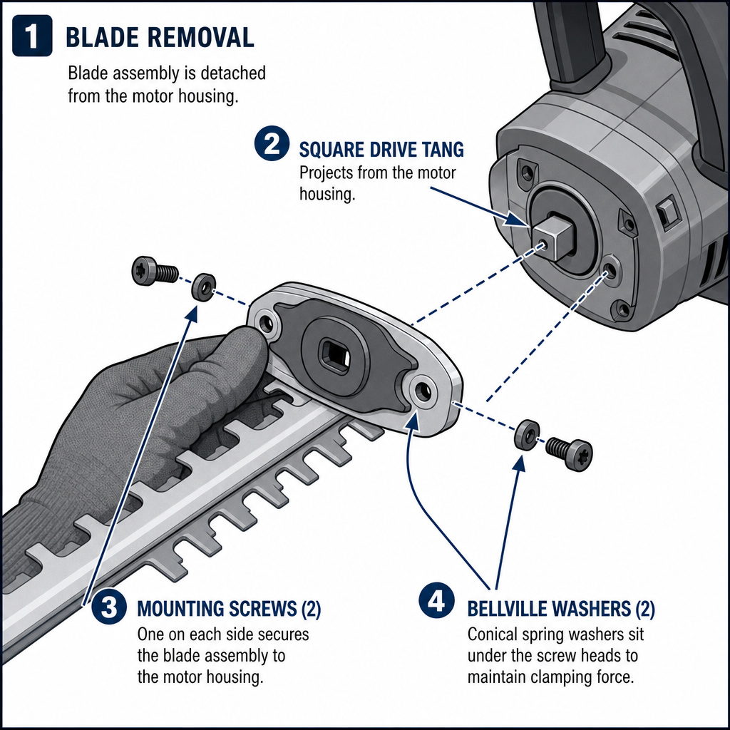Diagram of removed hedge trimmer blades showing mounting screws and drive mechanism.