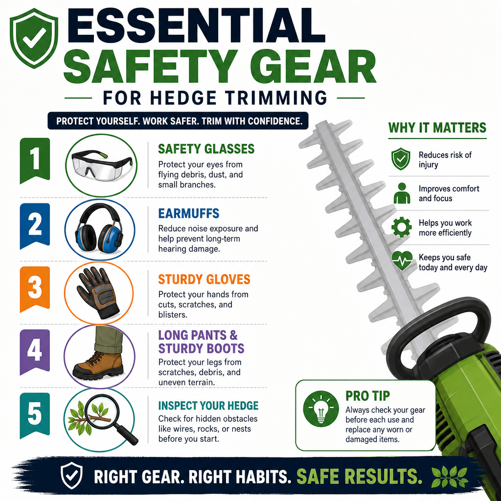 Infographic listing five essential safety items for using a hedge trimmer.