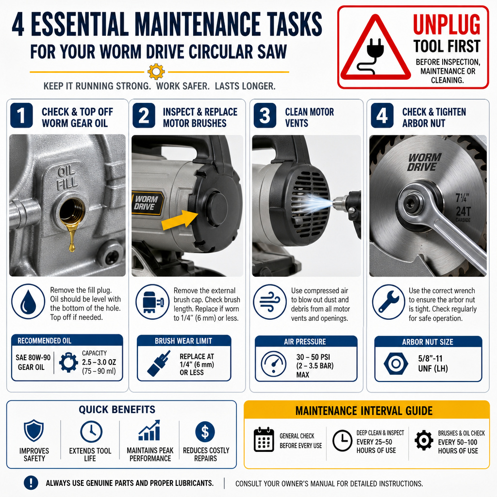 Infographic of four essential worm drive saw maintenance steps: oil, brushes, cleaning, arbor.
