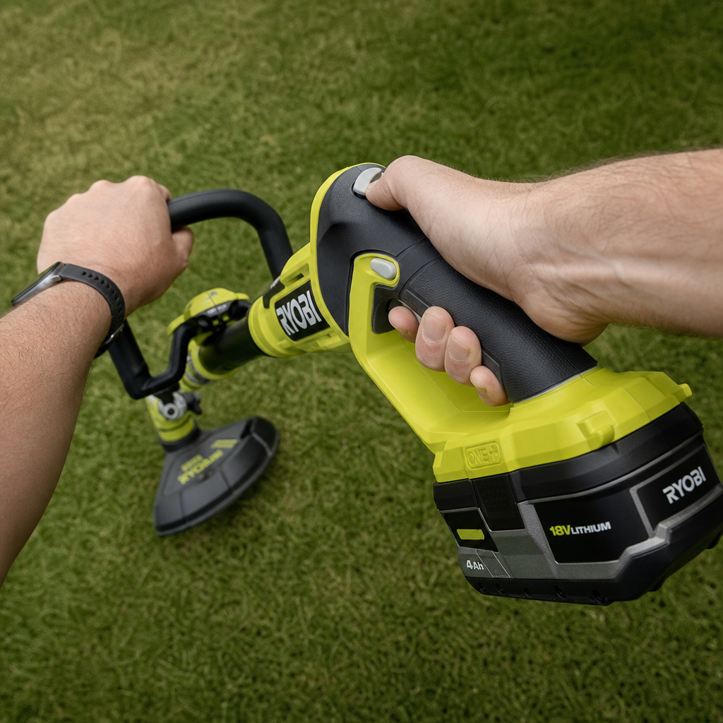 Person holding Ryobi 18V trimmer edger, hands on grips and trigger.