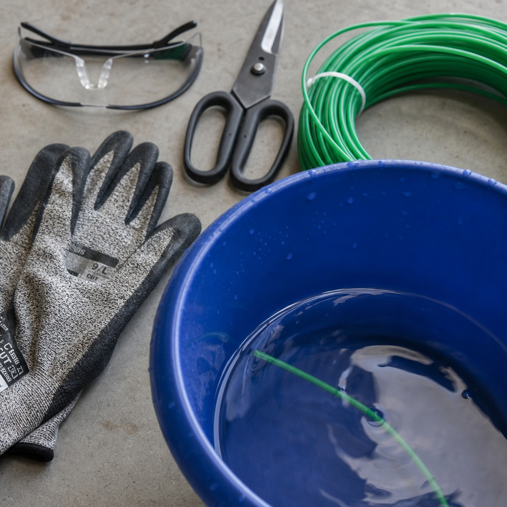 Tools and trimmer line for replacement, with line soaking in a bucket.