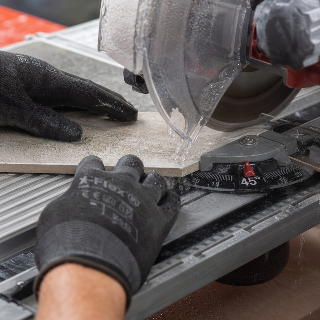 Cutting a 45-degree tile miter on a wet saw with water spray.