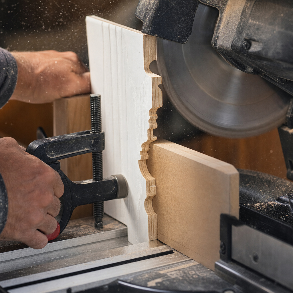Cutting tall baseboard vertically on miter saw with safety clamp secured.
