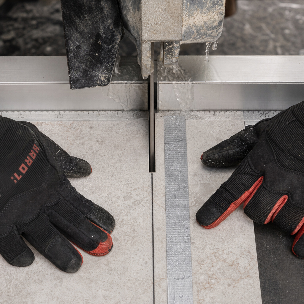 Aligning a taped tile to the blade on a wet saw for a straight cut.