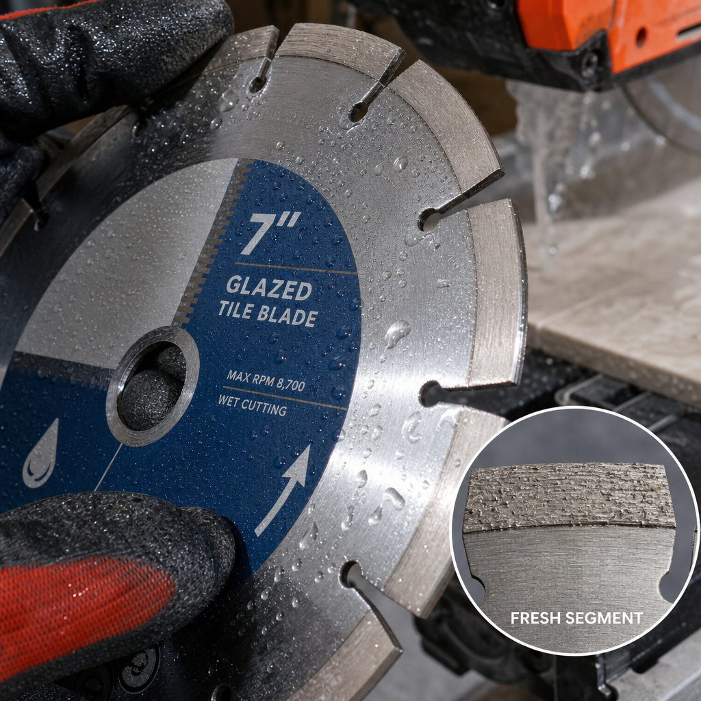 Close-up of a glazed diamond blade for troubleshooting wet saw tile cutting problems