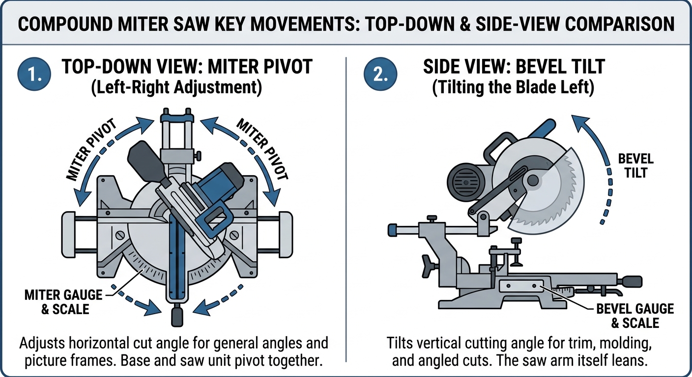 Diagram comparing the miter and bevel cutting motions of a compound miter saw.