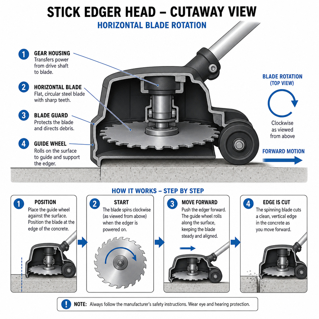 Diagram showing how a grass edger blade spins horizontally to cut a lawn edge.