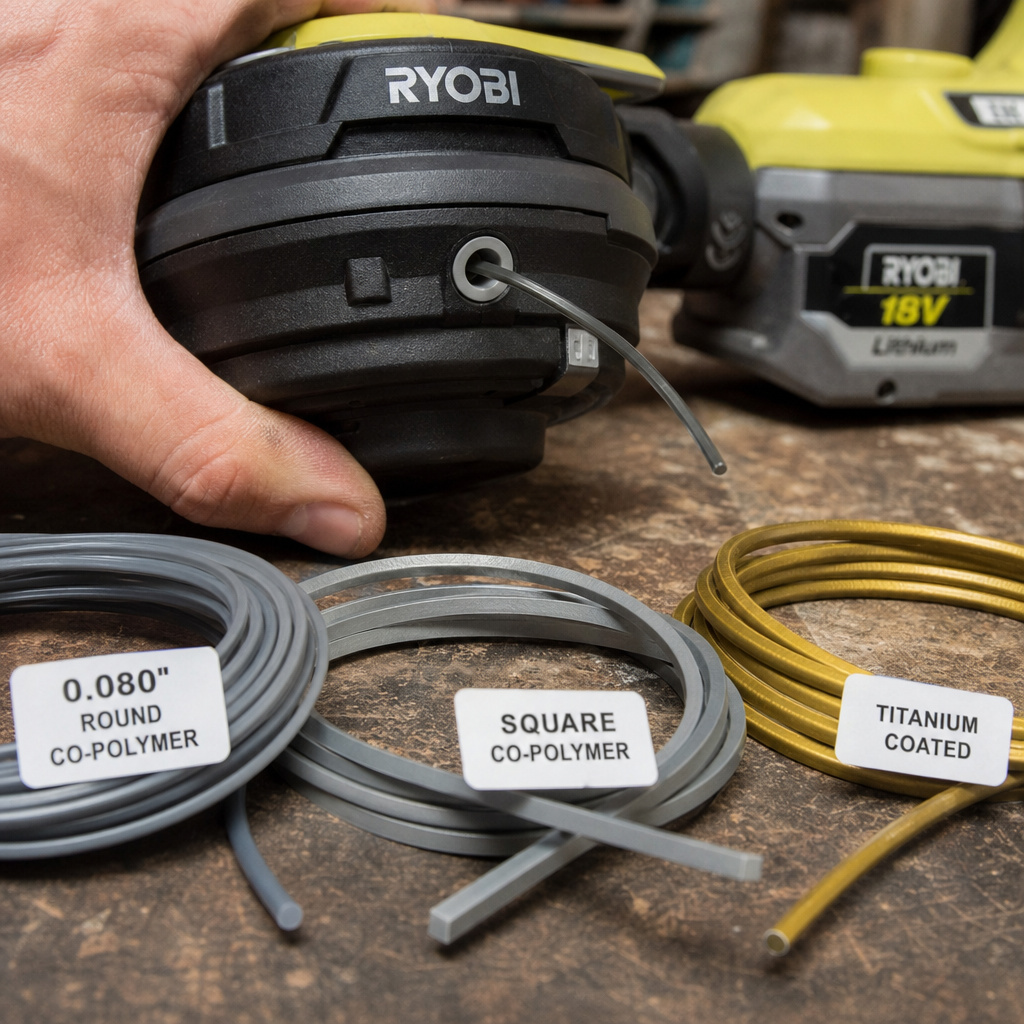 Comparing round, square, and coated trimmer line types for Ryobi 18V trimmers.