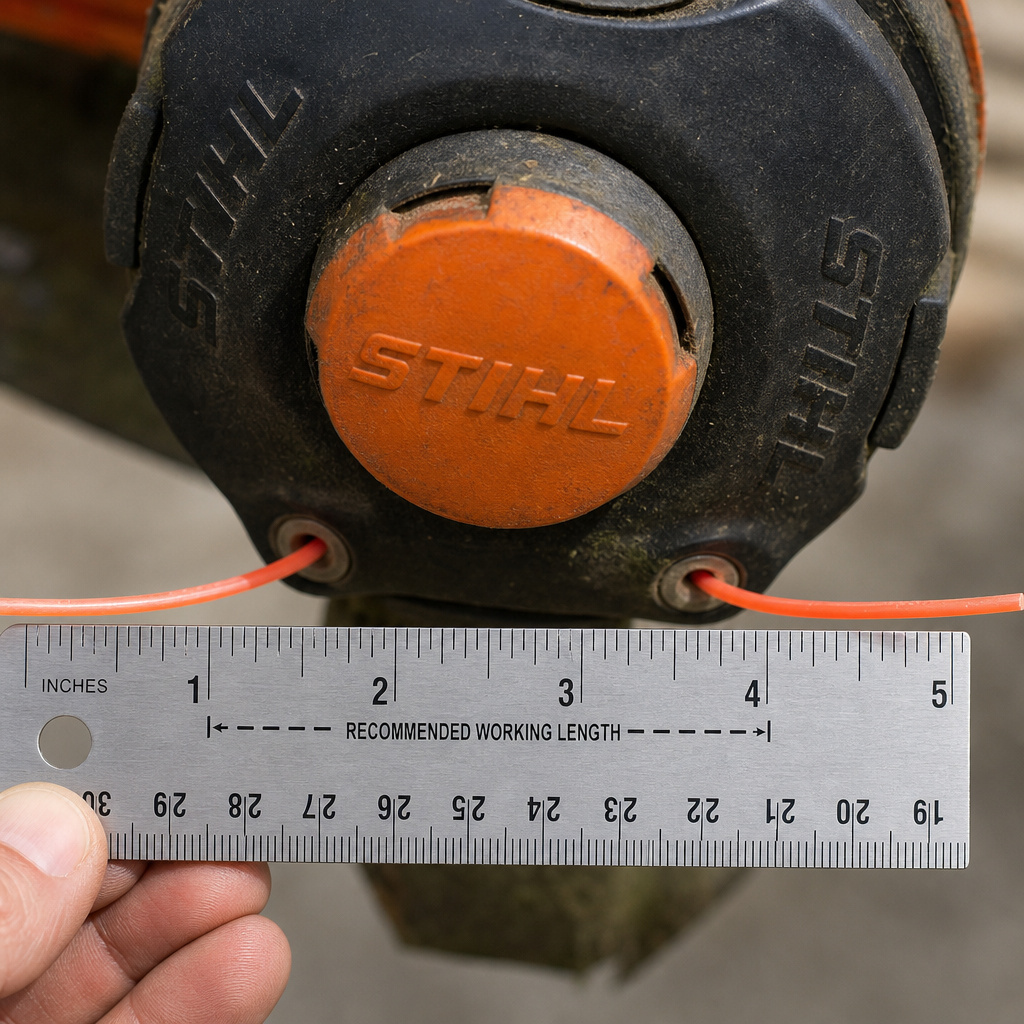 Measuring correct line length on a STIHL trimmer head with a ruler.