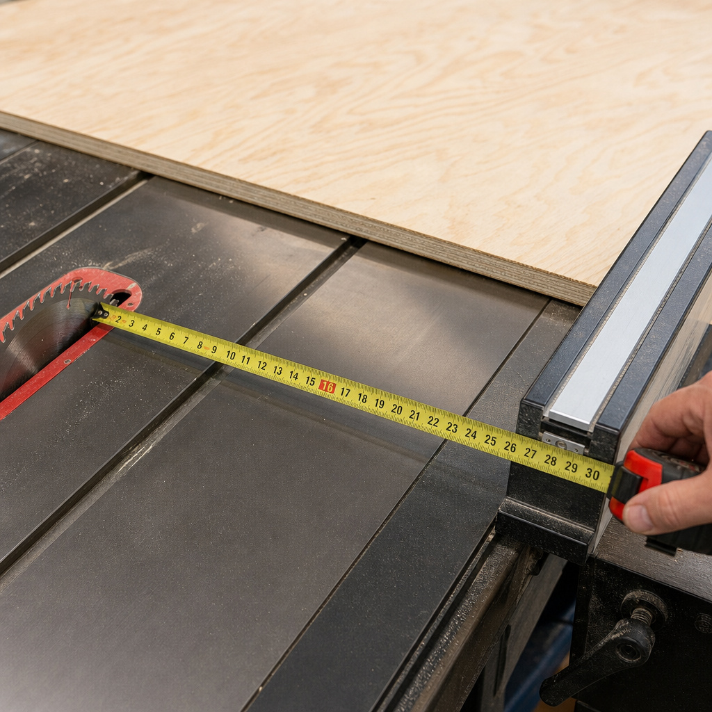 Measuring rip capacity on a table saw from blade to fence for a wide board.