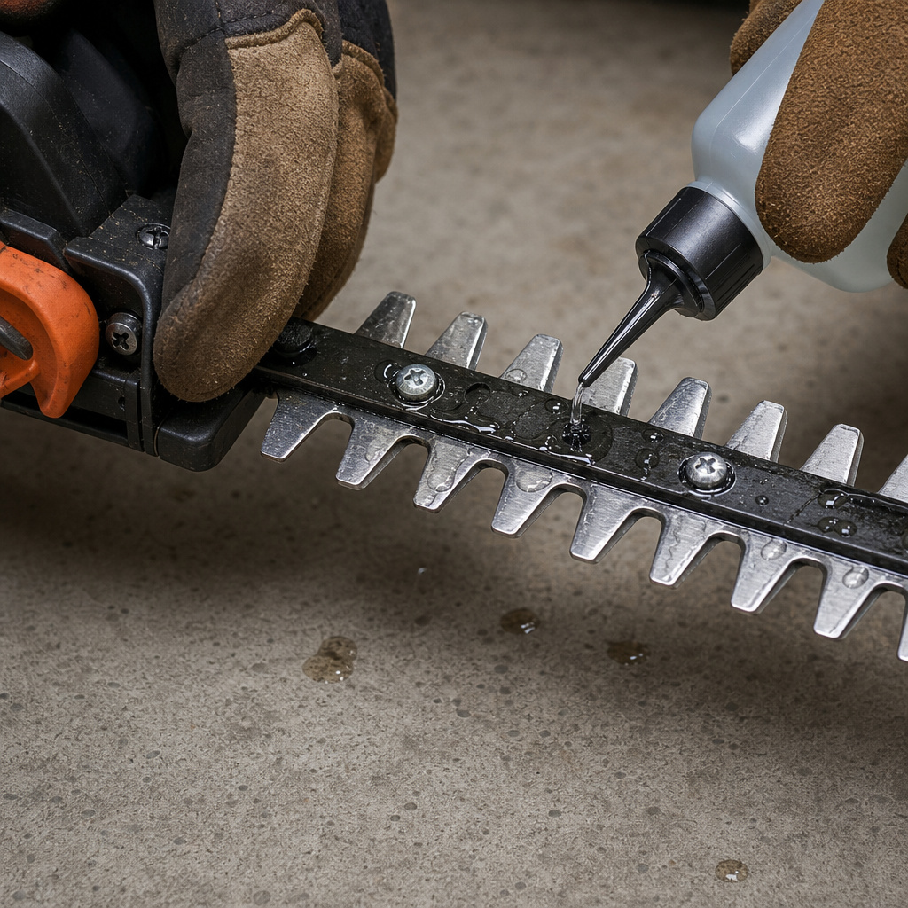 Applying lubricating oil to hedge trimmer blades before use.