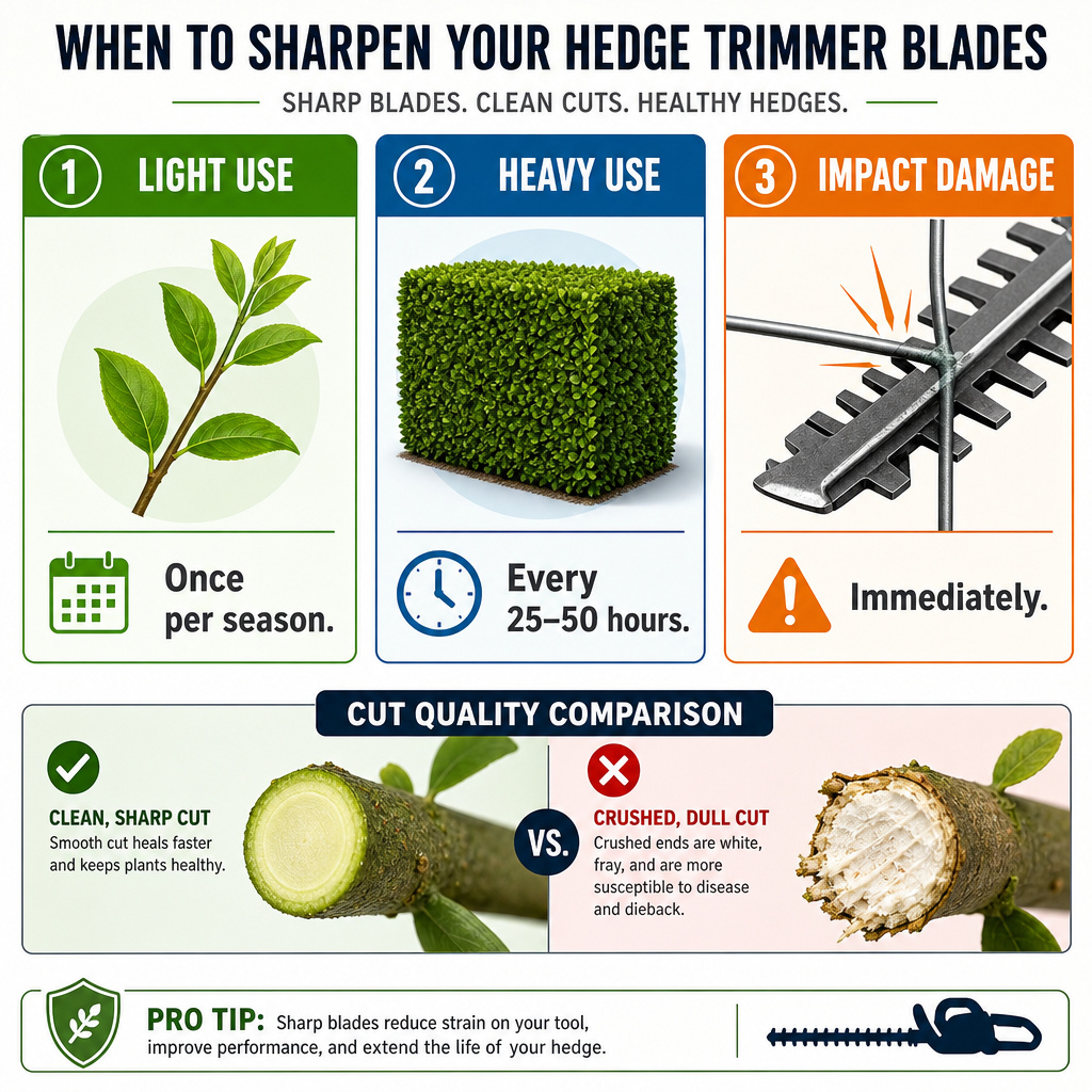 Infographic on hedge trimmer blade sharpening frequency based on usage type.