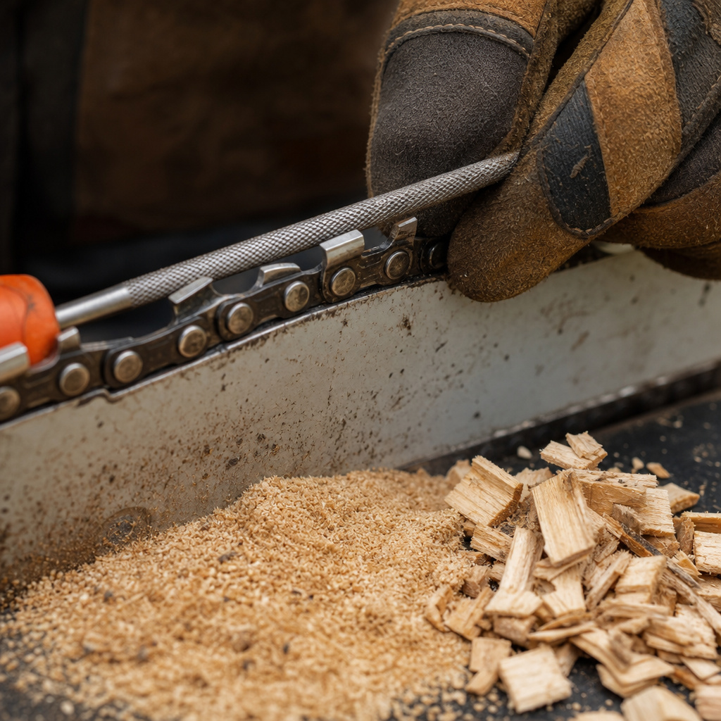 Close-up of sharpening a chainsaw chain next to fine sawdust and wood chips.
