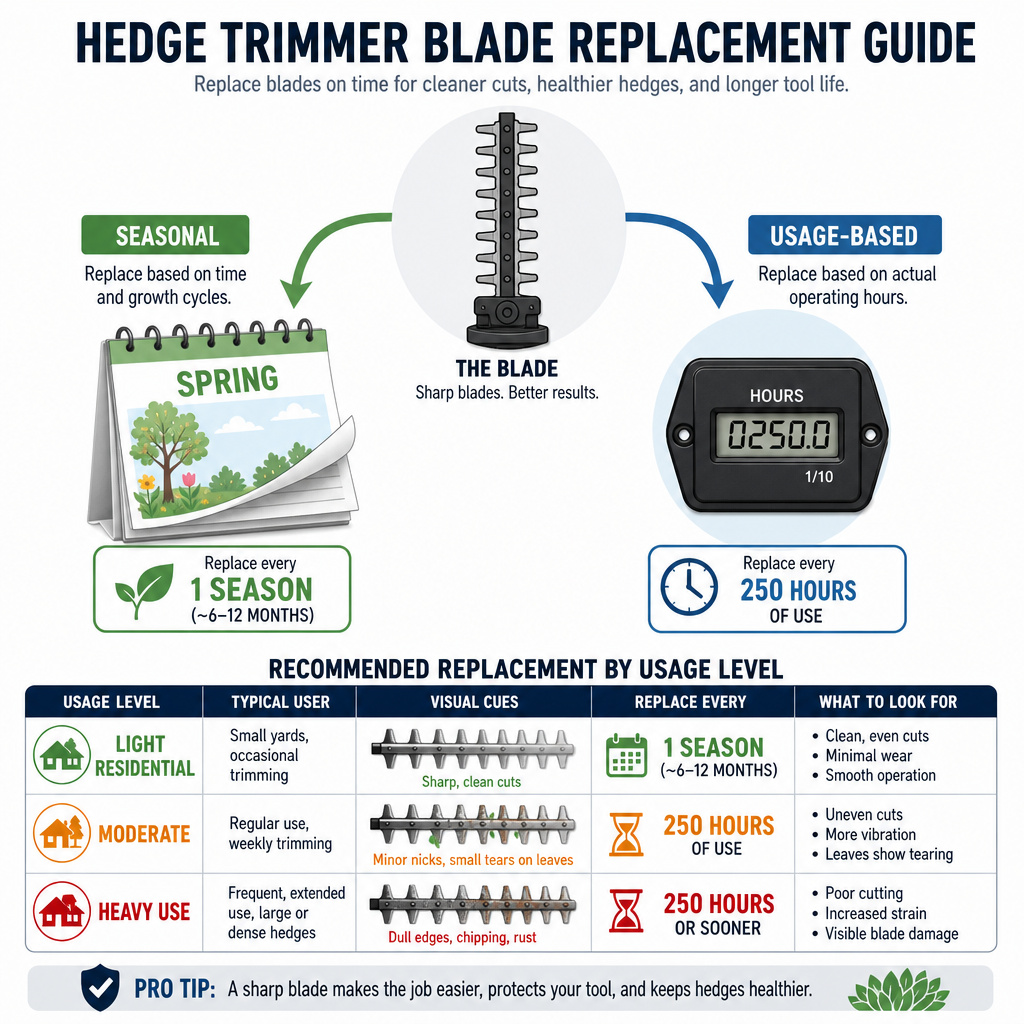 Hedge trimmer sharpening frequency chart based on season and usage.