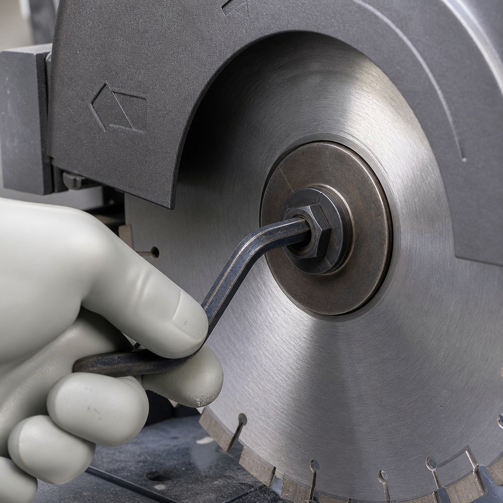 Close-up of tightening chop saw arbor nut with a hex wrench.