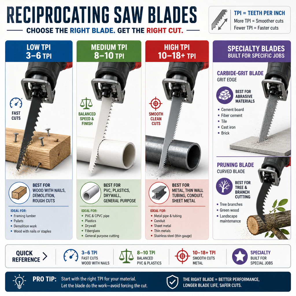 Reciprocating saw blade TPI infographic for wood, metal, and demolition.