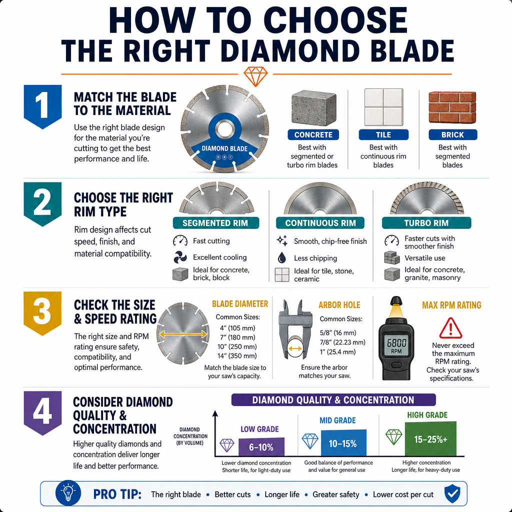 Four-step infographic checklist for selecting the correct diamond saw blade.